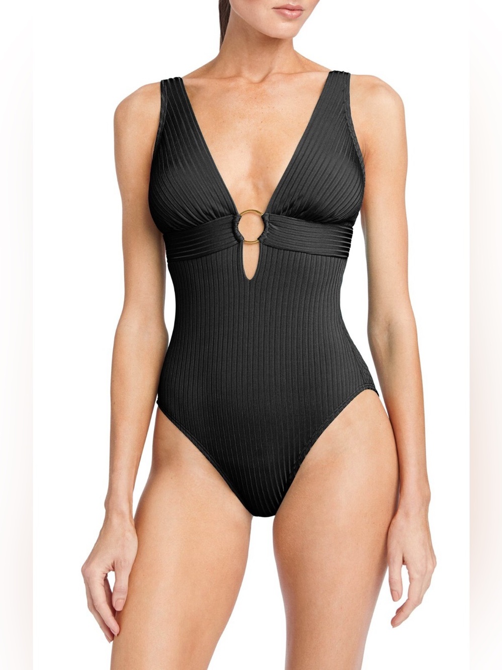 Robin Piccone women’s 10 Black Ribbed Yasmine Plunge Neck One-Piece Swimsuit